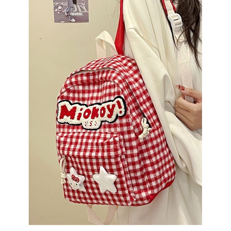 Retro merah kotak-kotak gaya perguruan tinggi siswa sekolah menengah tas bahu siswa sekolah menengah