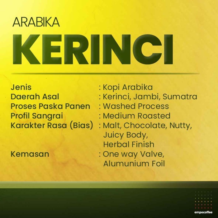 

Ready Kopi Arabika Kerinci Kayu Aro Sumatra Arabica Coffee Bean Coffe 200 gr