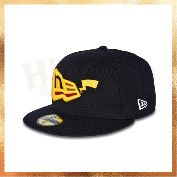 Ready Topi NewEra Anime Pokemon Pikachu Logo Collab Black 59Fifty Fitted Hat