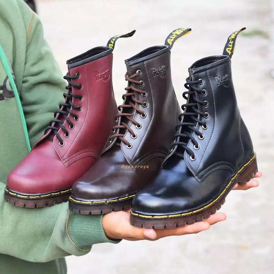 Sepatu Dr Martens High Boots Maroon Coklat Hitam Kulit Unisex Boots Pria Original Handmade Sale