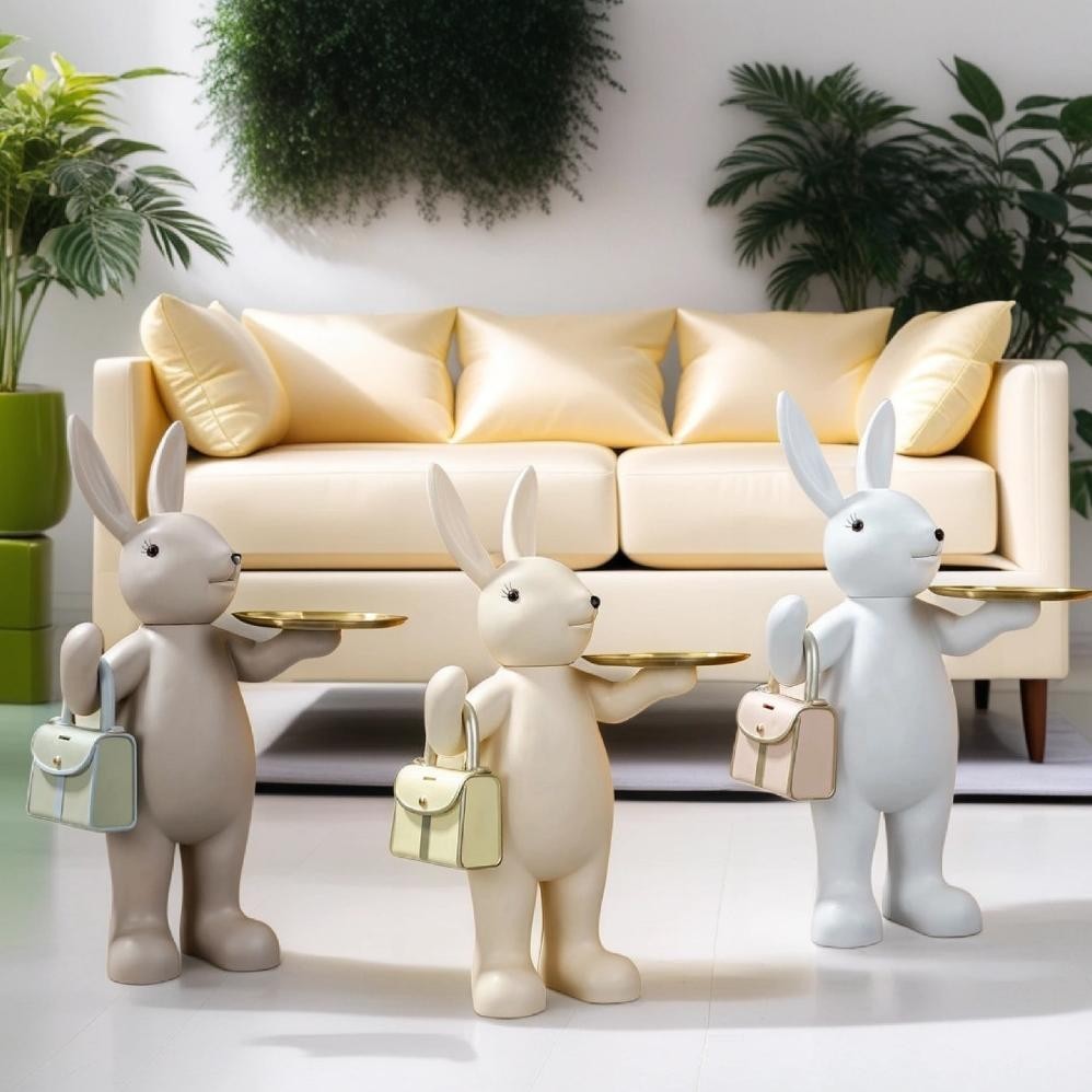 PIU Pajangan Patung Resin Cute Bunny Tinggi 84CM Dengan Nampan Baki Bulat Gold Stainless Steel Tray 