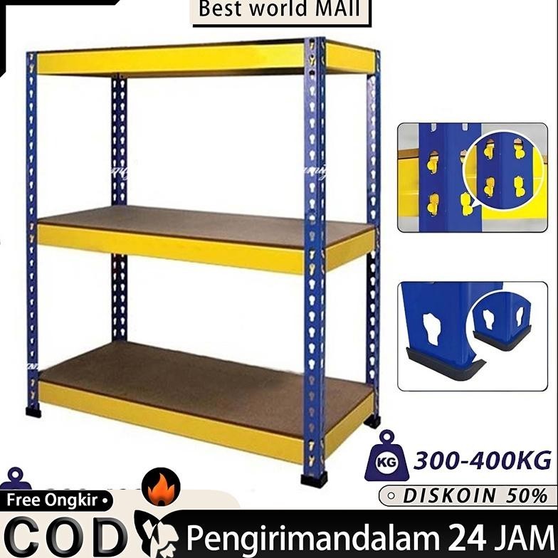Rak Gudang Serbaguna Rak Susun 3 Layer Rak Barang Rak serbaguna Rak Besi Kokoh Kuning Biru Rak warun