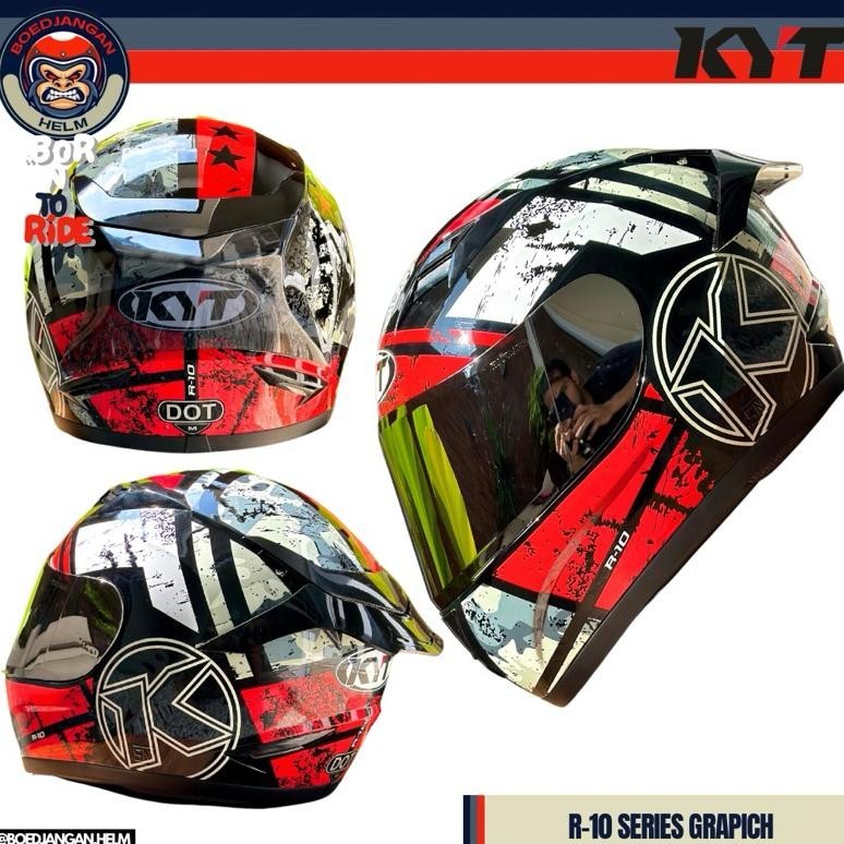 KYT HELM R10 GRAPHIC #3 BLACK RED- FULL FACE - IRIDIUM FLAT VISOR - SINGLE VISOR - KYT R10 MODIF