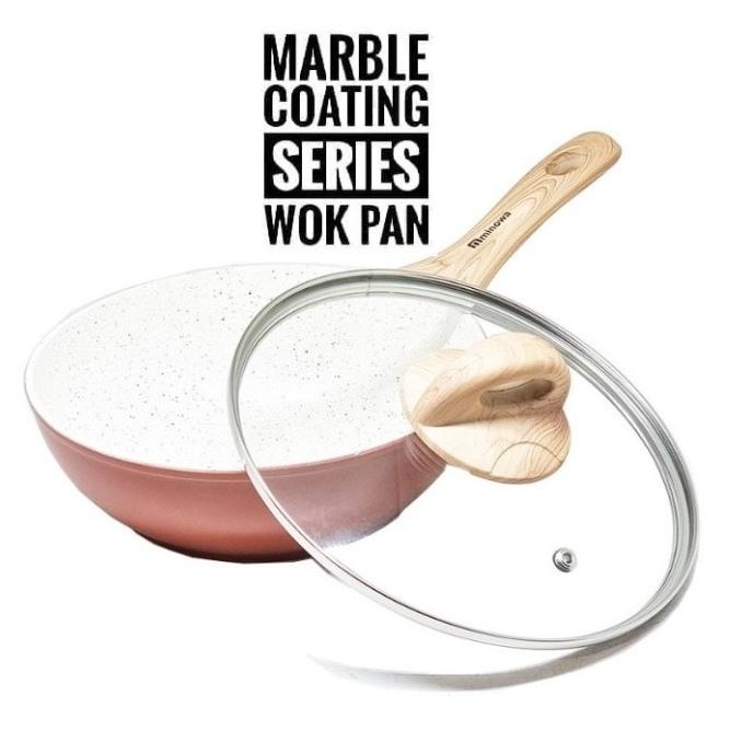 Wajan Wok Pan Anti Lengket Minowa Marble Wok + Tutup Kaca Induksi