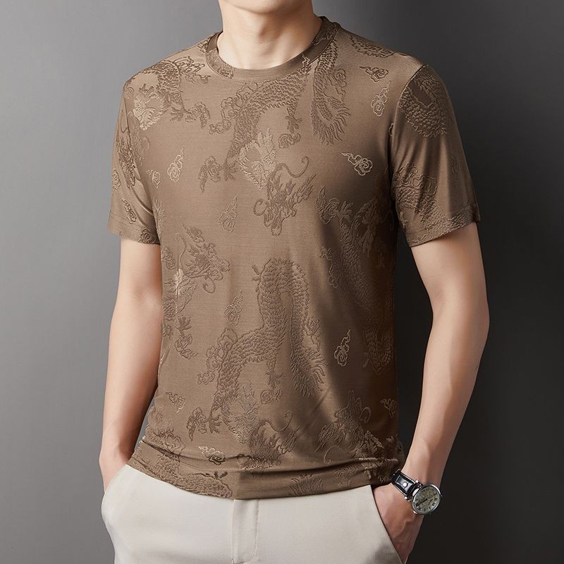 Woodpecker Ice Silk Short SleeveTShirt Mulberry Silk Jacquard Quick-Drying Top for Men