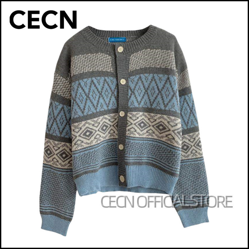 CECN Cardigan Rajut Retro Cardigan Kotak Kotak Korea Outer Rajut Soft Knit Jacket