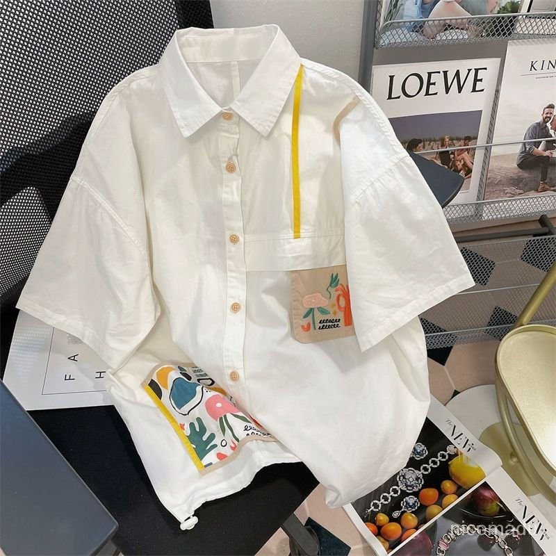 Kemeja Wanita Katun Korean Style Import/kemeja wanita lengan pendek bordir bunga Putih/kemeja wanita