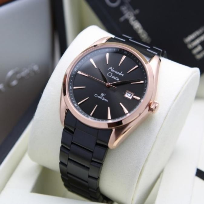 Jam Tangan Couple Alexandre Christie Original AC8658 Black Rosegold