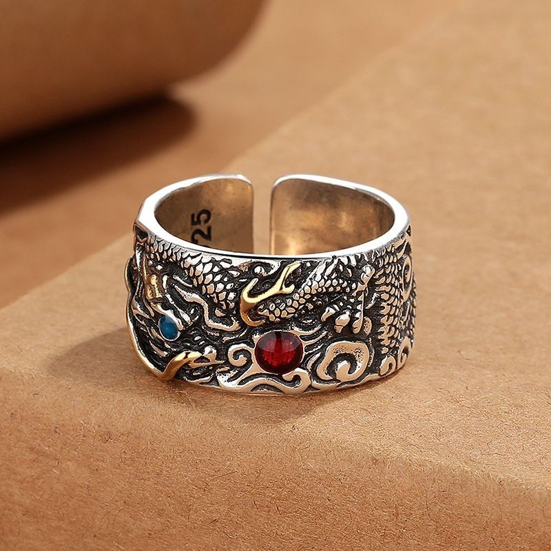 s925Yinba Qixiang Dragon Play Bead Ring for Men Adjustable Ring