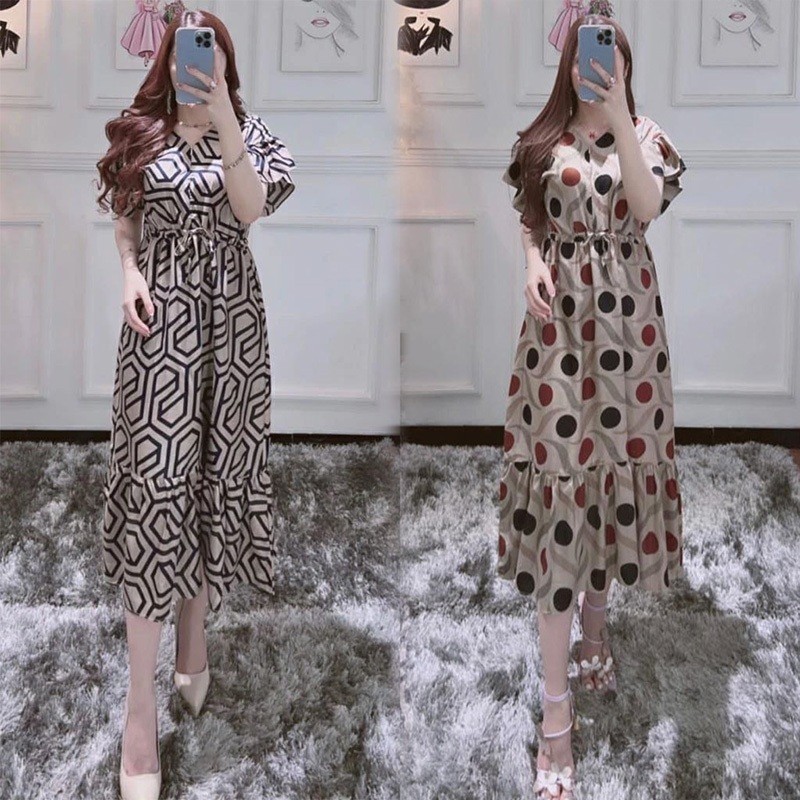 Daster Pandek Daster Serut Dada Kekinian Home Dress Rayon Midi Terbaru Motif Kombinasi Lengan Pendek