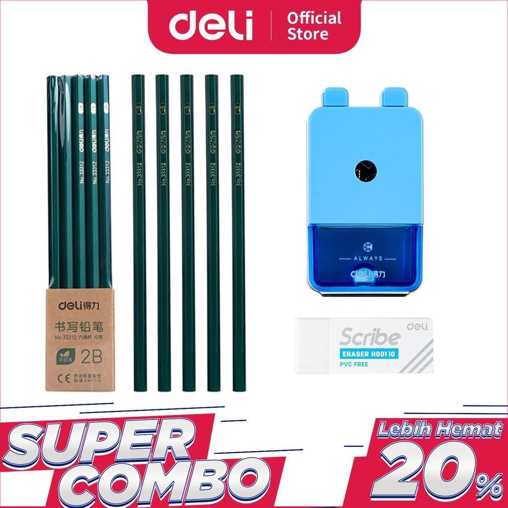 

[Promo][Cod][Gratis Ongkir] Deli Combo Set 2 - 10Pcs Pensil 2B + 3Pcs Penghapus + Rautan Putar
