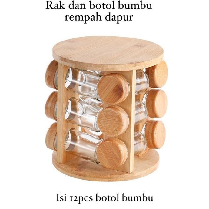 [New] [Ms] Rak Kayu Dan Botol Bumbu Kaca Dapur Rak Putar Bumbu Spice Carouse