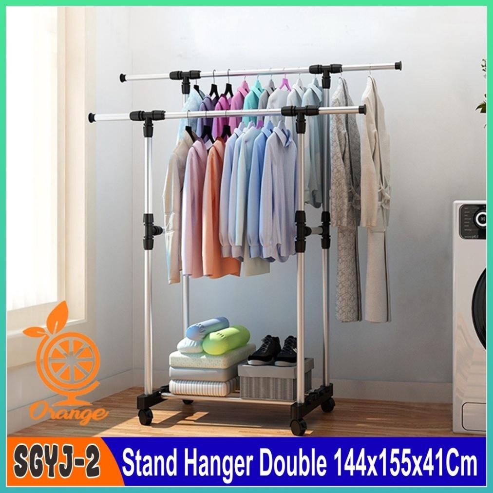 Stand Hanger Baju Single dan Double Gantungan Berdiri Rak Serbaguna Dengan 4 Roda