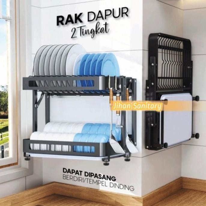 [Ready Stock] Rak Piring Dapur 2 Tingkat Lipat Gantung Tempel Dinding Stainless