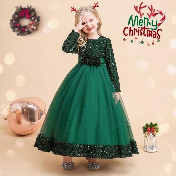 Dress Pesta Anak Perempuan Import . Gaun Natal Panjang Hijau . WB-42