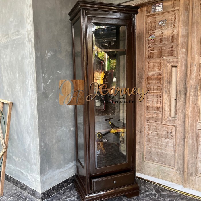 lemari hias ruang tamu jati minimalis , lemari pajangan kaca 1 pintu