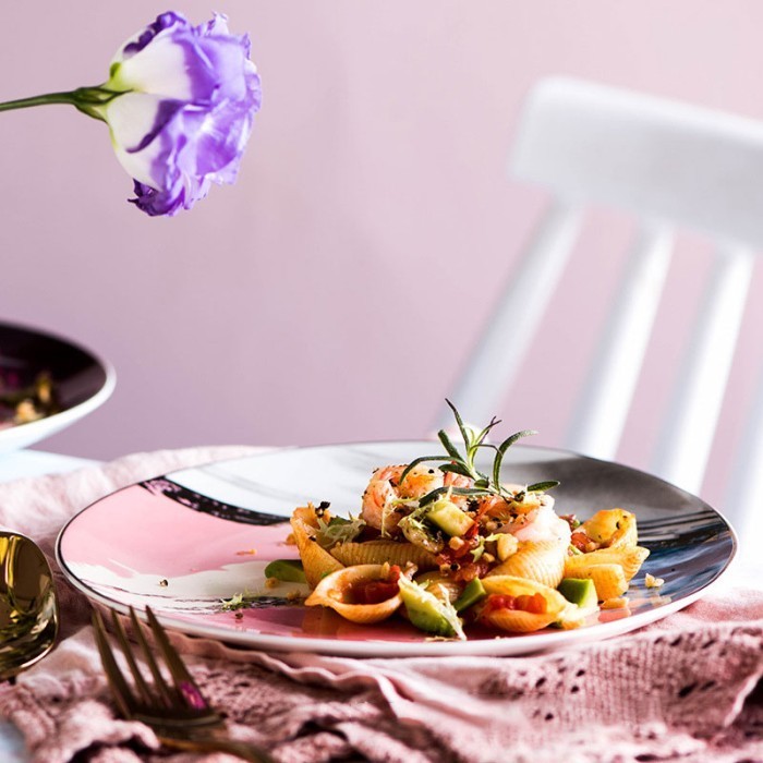 Piring Makan Keramik Motif Watercolor Yellow Pink / Piring Keramik