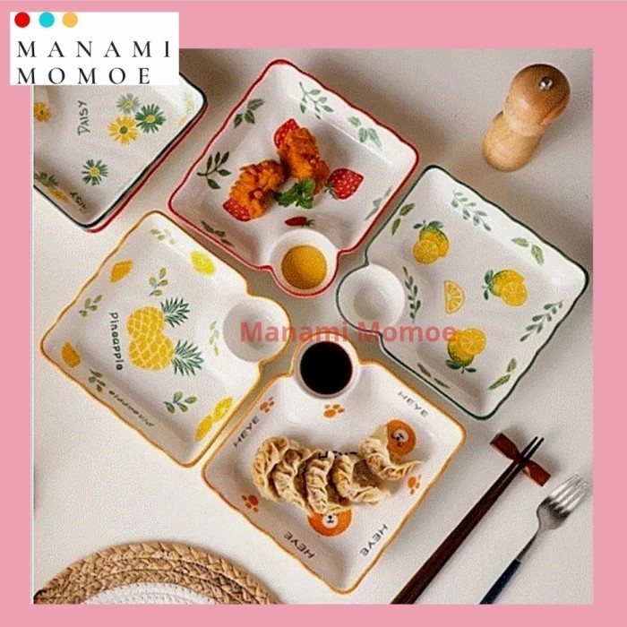 Piring Keramik Saji Dengan Tempat Saus/Piring Dumpling Dimsum/Nordic