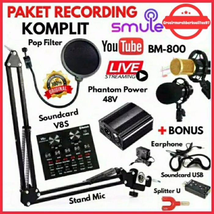 

PAKET RECORDING KOMPLIT Microphone Mic BM 800 BM800 Soundd V8 Phant