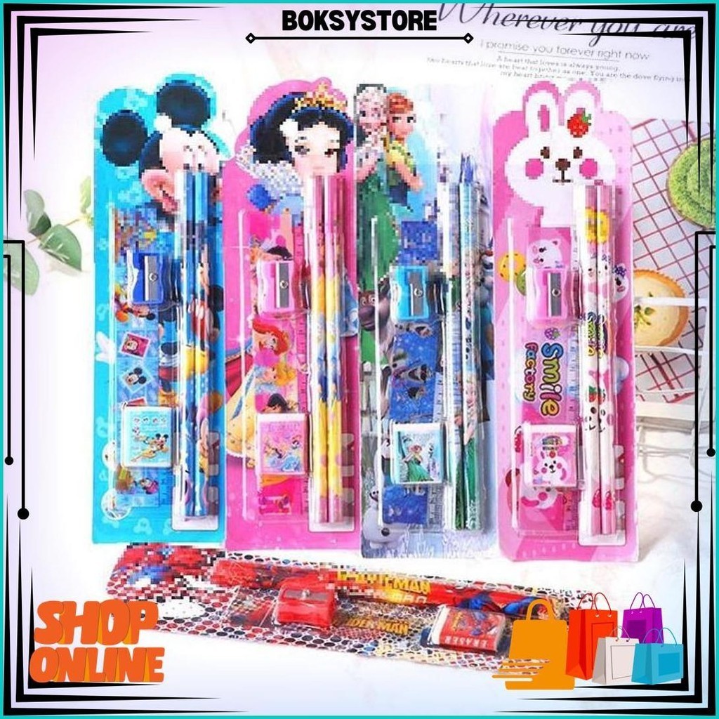 

T&Y Stationery Set 5 In 1 Alat Tulis Paket Anak Sekolah Penghapus Penggaris Pensil Serutan Karakter Lucu Gratis Ongkir