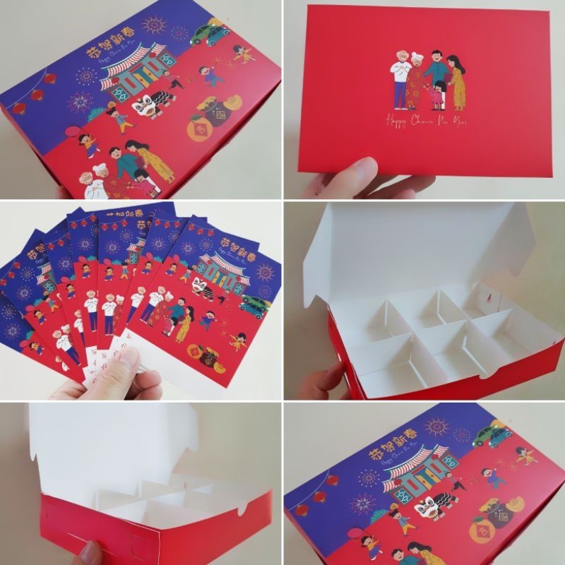 

12 pcs dus box merah biru imlek gong xi fa cai sekat 6 size 7.3 cm