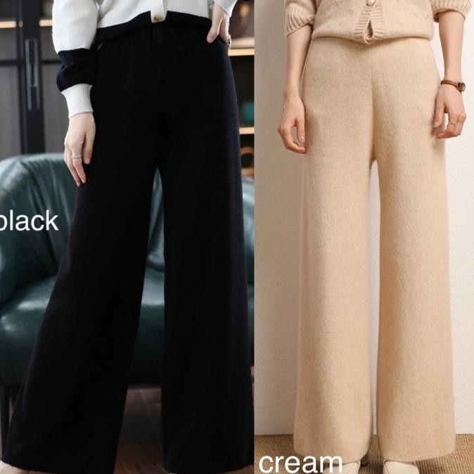 Celana kulot panjang wanita warna sage / kulot knit rajut