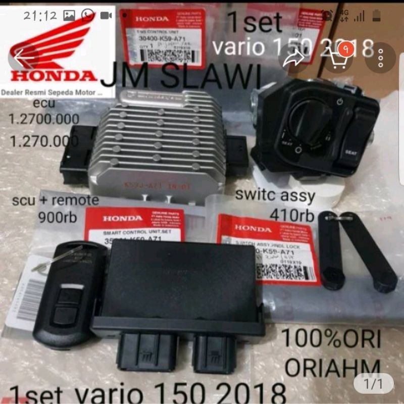 ecu keyless set vario 150 2018 asli honda