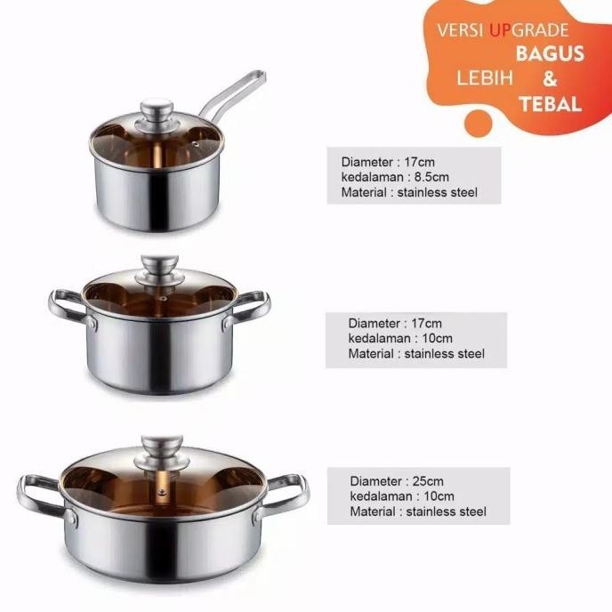 [Ready Stock] Set Panci Masak Stainless Steel Satu Set Isi Tiga Wajan Panci