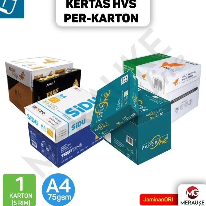 

Kertas HVS A4 75 gsm PER-KARTON (1 KARTON isi 5 RIM)