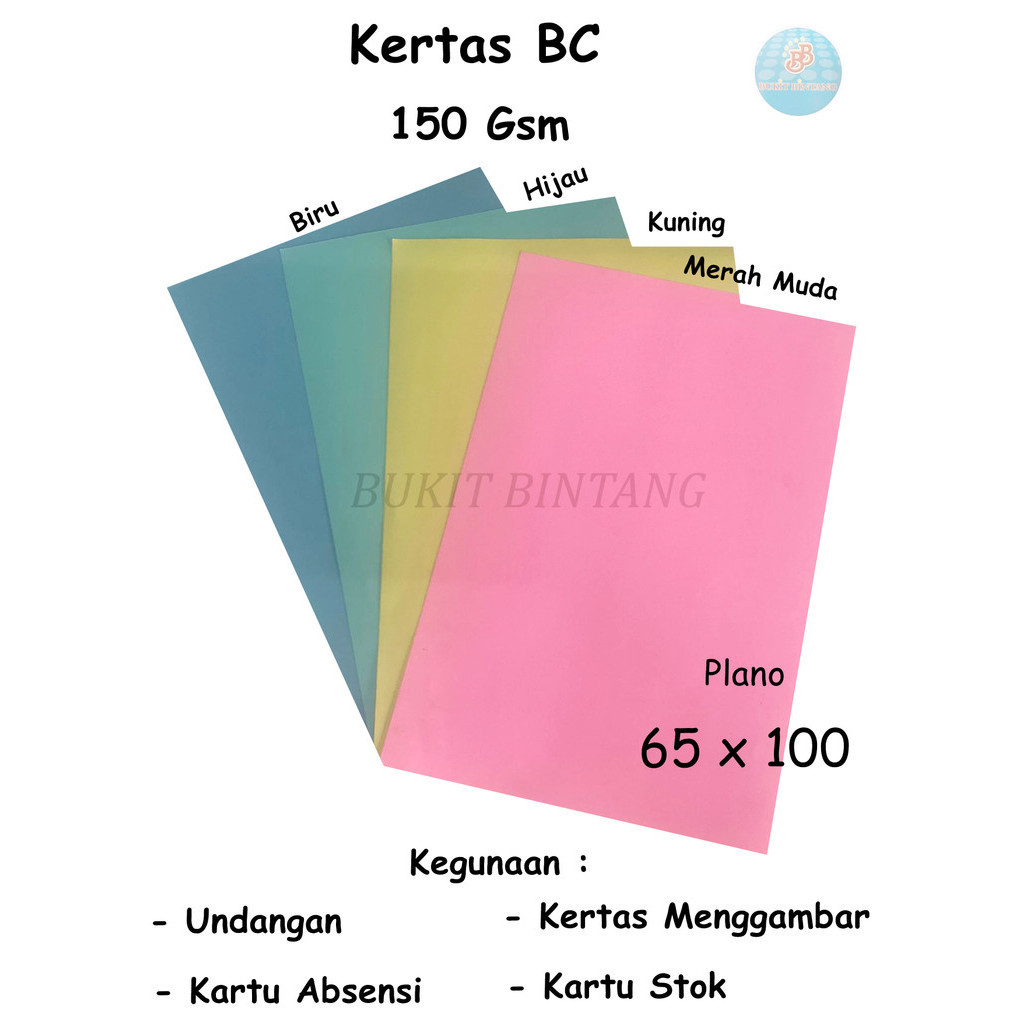 Karton manila / Kertas Bc Warna /Bc Kuning , Bc Merah Muda , Bc Biru  , Bc Hijau 150 Gsm uk Plano 65