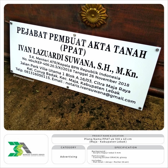 Plang Nama Ppat Uk 100X40Cm Papan Nama Notaris Ppat Papan Nama Akrilik