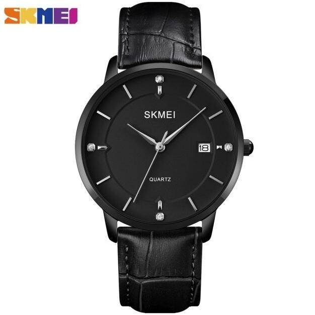 Jam Tangan Pria & Wanita Skmei 1801 Analog Date Ori Hitam Hitam Kulit