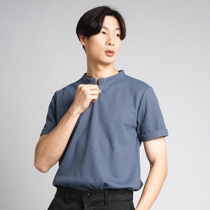 Kaos Casual Pria Lengan Pendek V Neck Bahan Uniqlo Waffle Knit