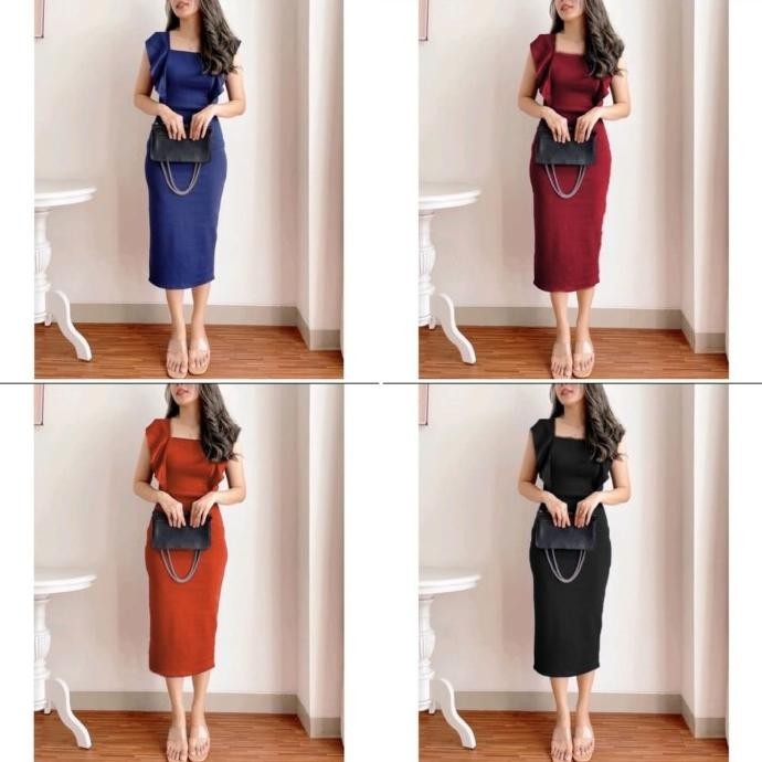 Midi Dress Wanita Dewasa Dres Polos Selutut Formal Kerja Korea Style