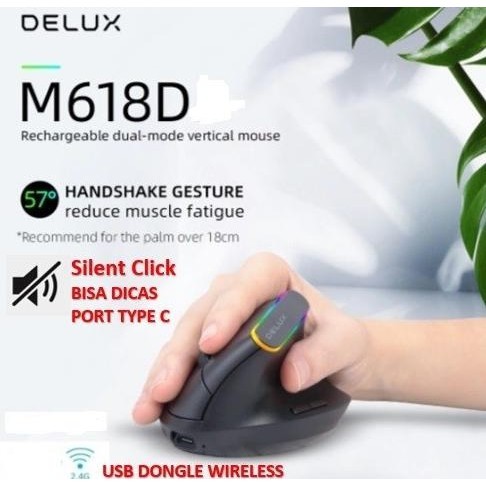 Delux M618D Rechargeable Wireless Vertical Ergonomic Mouse Gaming Rgb - Hitam, M618Db