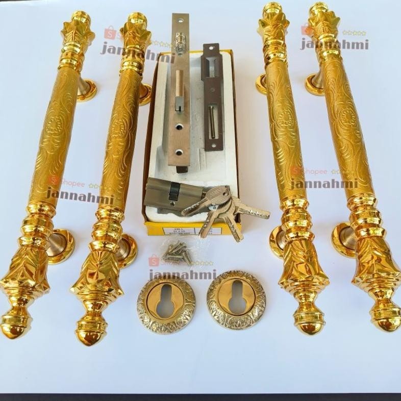 READY >> SET PAKET LENGKAP HANDLE PINTU TARIKAN PINTU KUNINGAN UKIR 46CM TERBARU