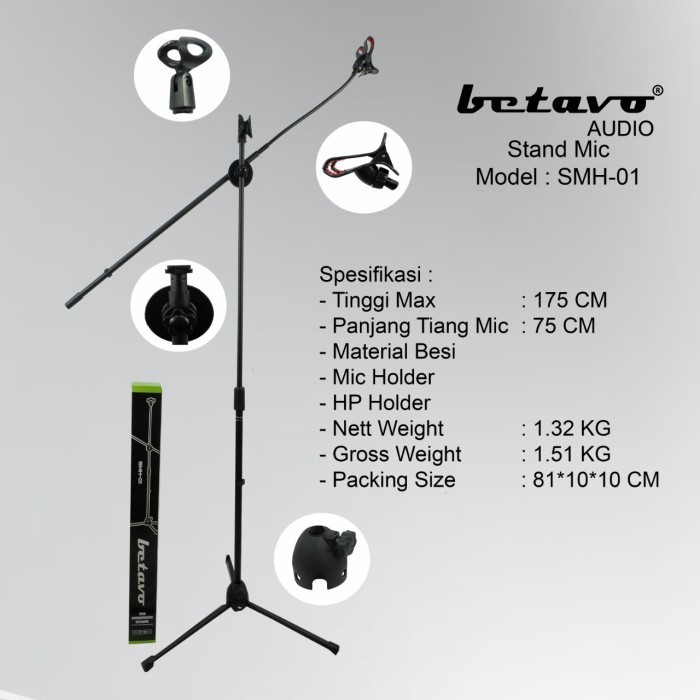 Stand Mic Panjang Tripod Tiang + Holder Hp Betavo Smh 01 Besi Lentur