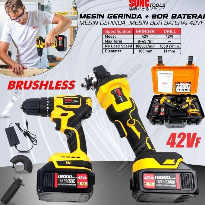 Paket Mesin Gerinda Mesin Bor Baterai Cordless Sunc Tools 42Vf