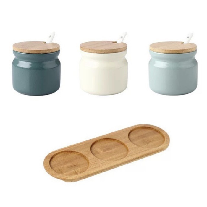 Terbaru Tempat Bumbu Keramik Putih Model Bermotif Set 3Pcs Promo Terlaris