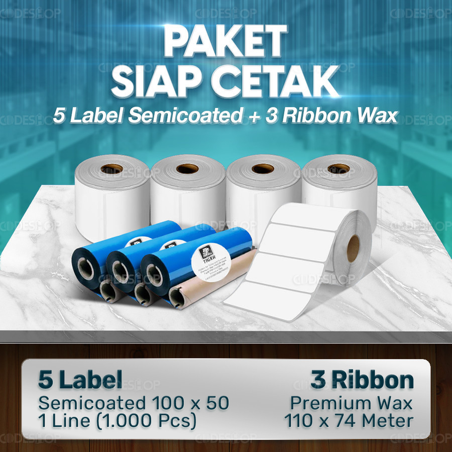 

Paket Sticker Label Siap Cetak | 5 Label Semicoated 100x50 & 3 Ribbon Premium Wax 110x74 M