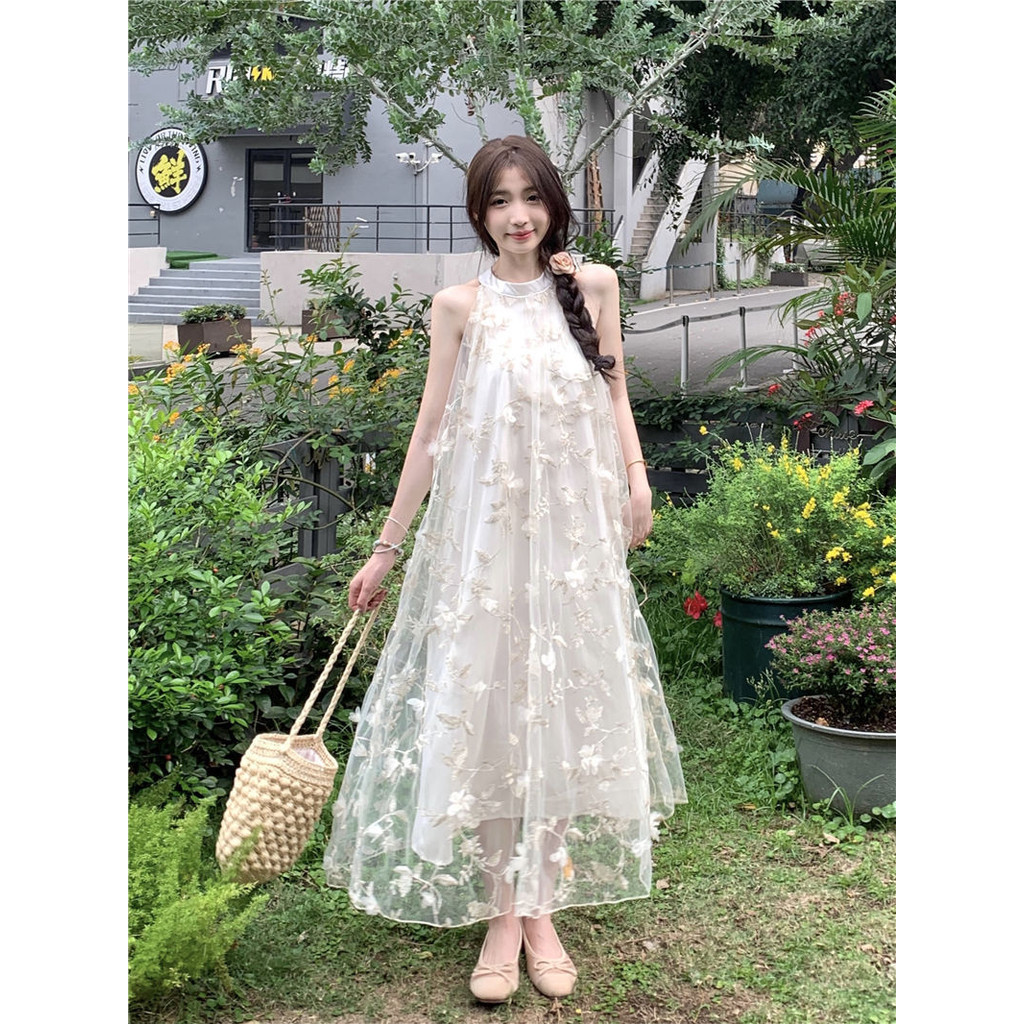 Three-Dimensional Flower Halter Dress Women's Summer New Fairy Temperamental Sweet First Love Dressi