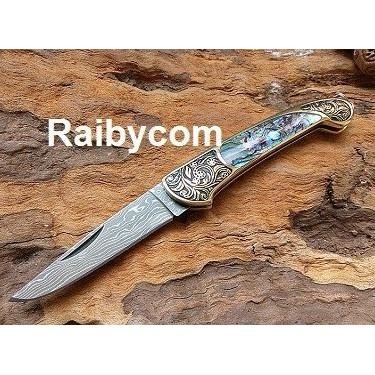 Pisau Lipat Unik Handmade Baja Damaskus Damascus Pocket Folding Knife
