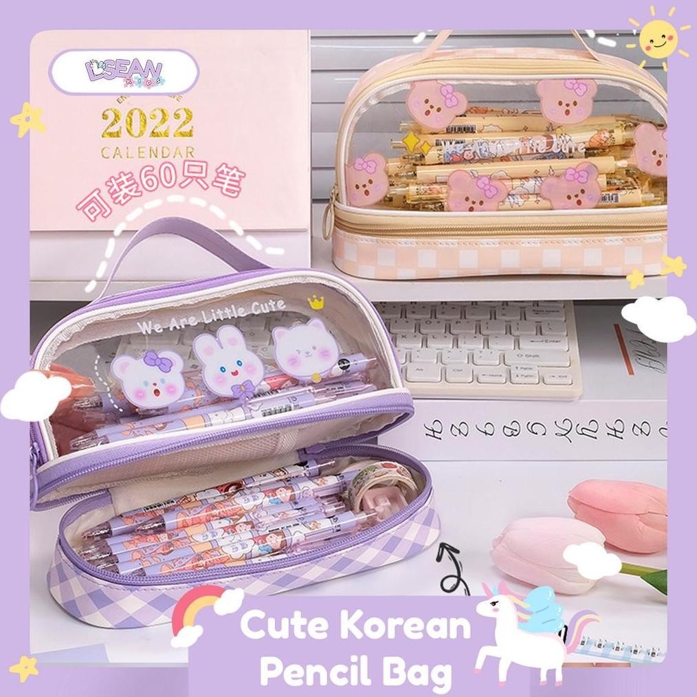 

Be09 Pencil Case Kapasitas Besar PVC Korean Cute Pencil Bag 2 Tingkat Premium