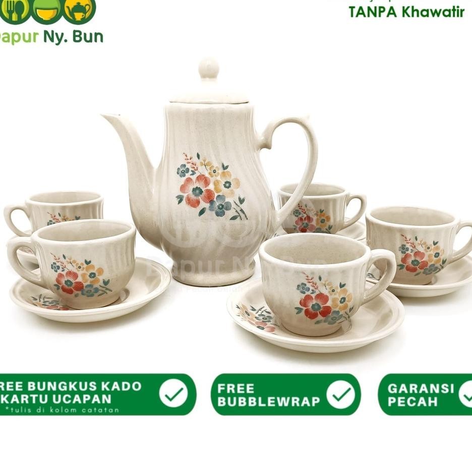 Teko Set Nikura Motif Bunga - Teko & Tutup - 5 Cangkir & 5 Saucer