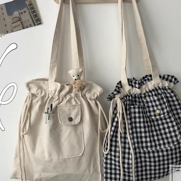 Ac Tbds Drawstring Linen Canvas Drawstring Tote Bag Tas Serut Jinjing Bahu Kanvas Motif Kotak Oke