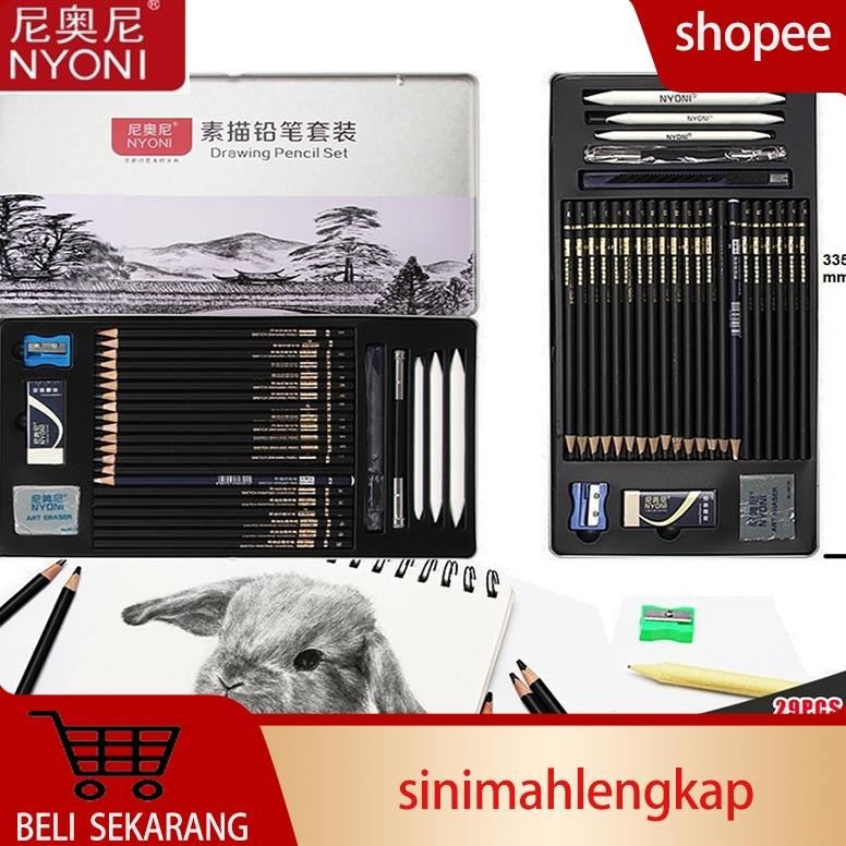 

Best Seller Nyoni Sketch Drawing Pencil / Pensil Grafit Charcoal Arang 29 Pcs Set Tin Case Promo