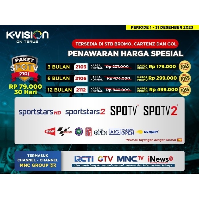 Kvision Voucher Paket SPOTV Bromo, Cartenz, GOL