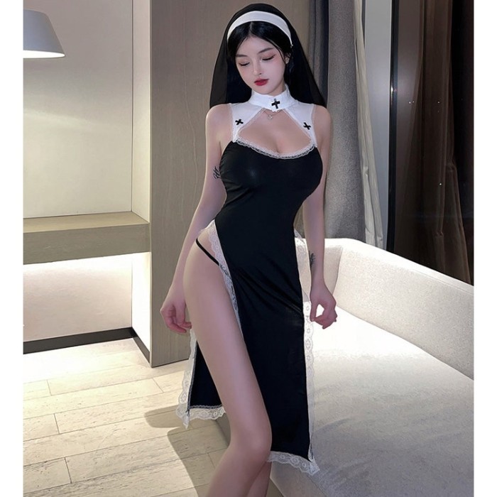 STOK TERBATAS Lingerie Costume Nun Babydoll Long Lace Trim Open Sides Low CU9804