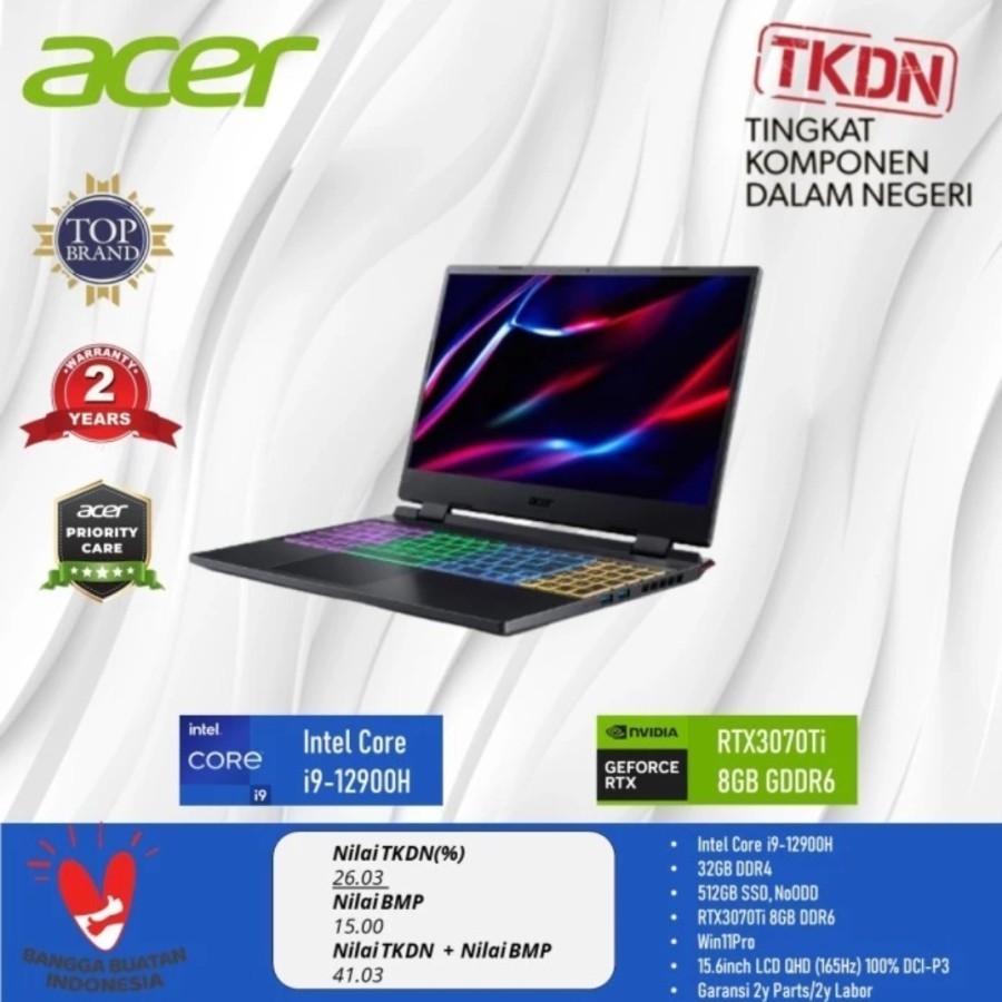 ACER TKDN NITRO ANX-0001 I9 12900H 32GB DDR4 512GB SSD RTX 3070Ti 8GB DDR6 15,6" QHD 165Hz WIN11 PRO