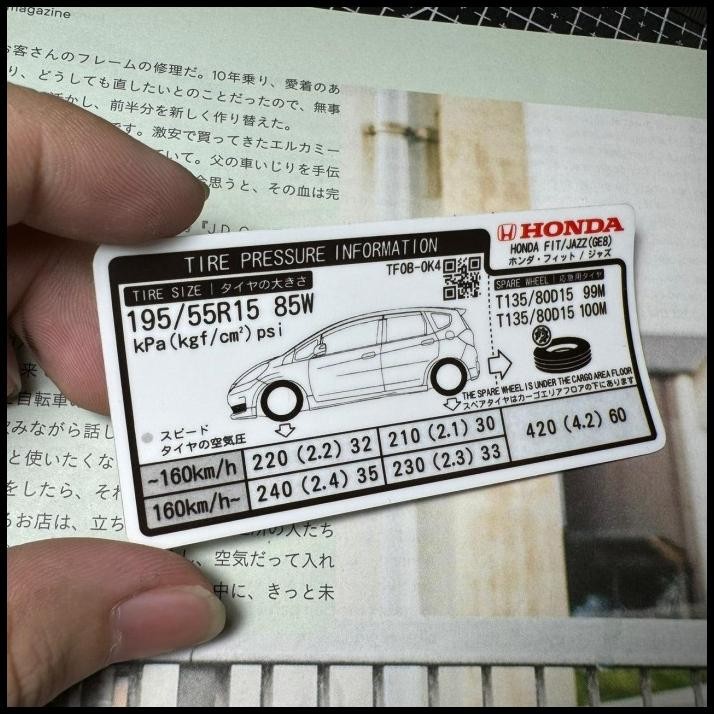 HOT DEAL STICKER HONDA JAZZ GE8 TIRE PRESSURE ANGIN BAN 